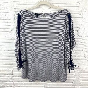 Talbots Lyocell Blend Coastal Navy Stripe Boat Neck Gathered Tie Sleeve Top 1XP‎